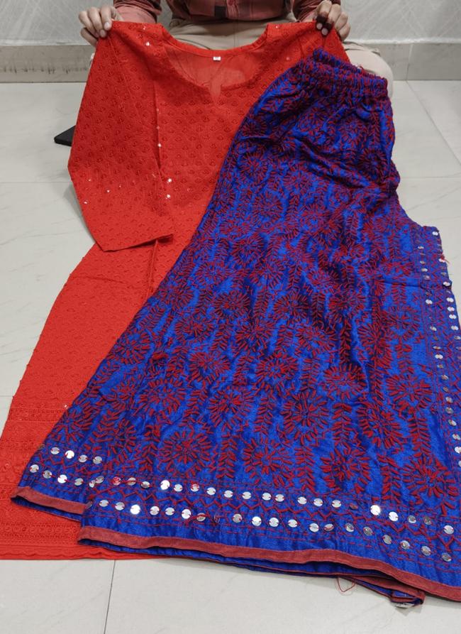 Pure Camric Cotton Blue Casual Wear Chikankari Work Readymade Kurti With Plazzo